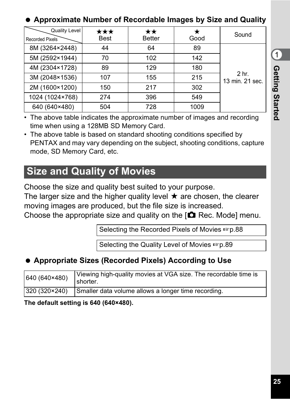 Size and quality of movies | Pentax Optio A10 User Manual | Page 27 / 191