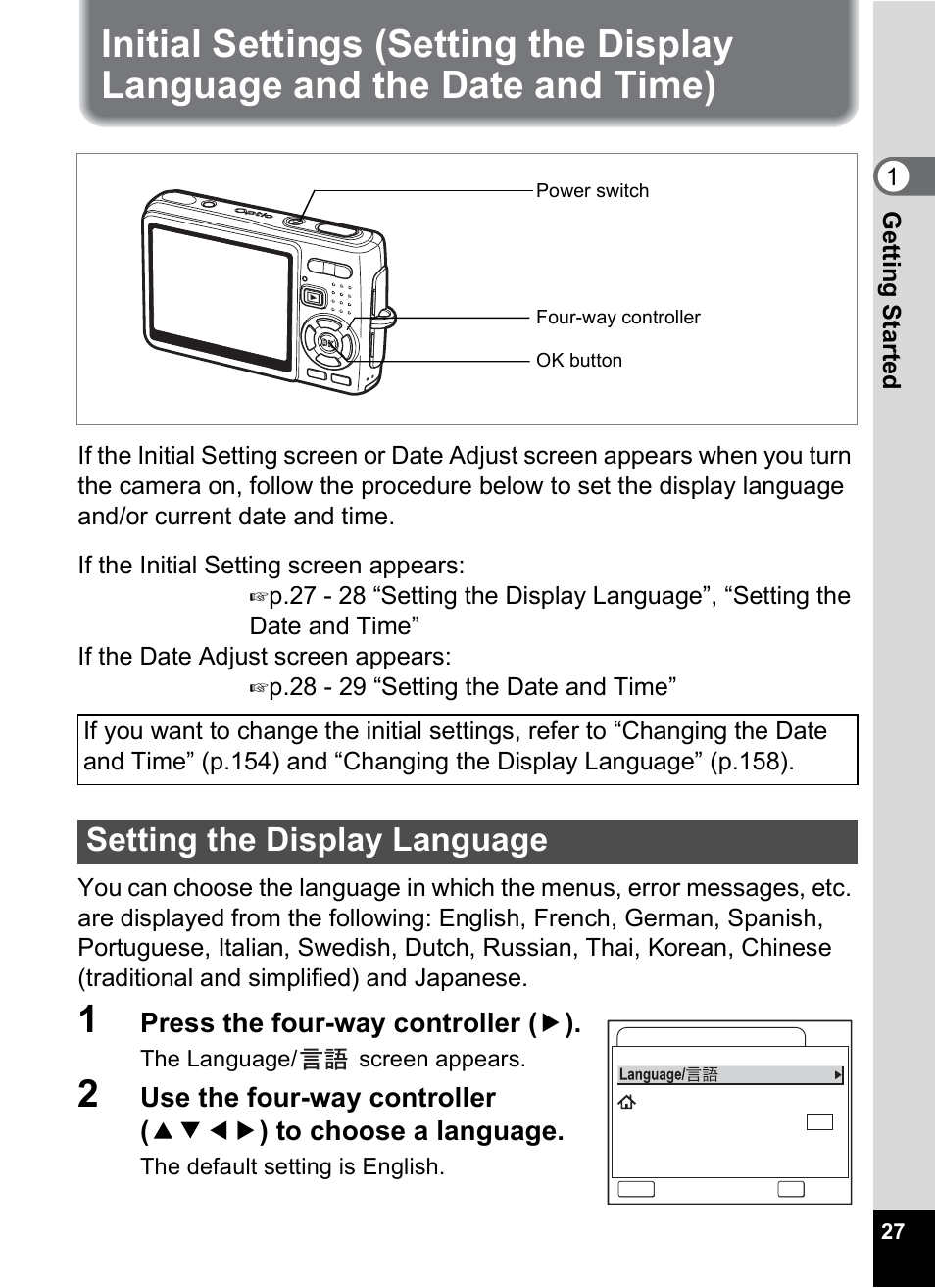 Setting the display language, Initial settings (setting the display language, And the date and time) | Press the four-way controller ( 5 ) | Pentax Optio A10 User Manual | Page 29 / 191