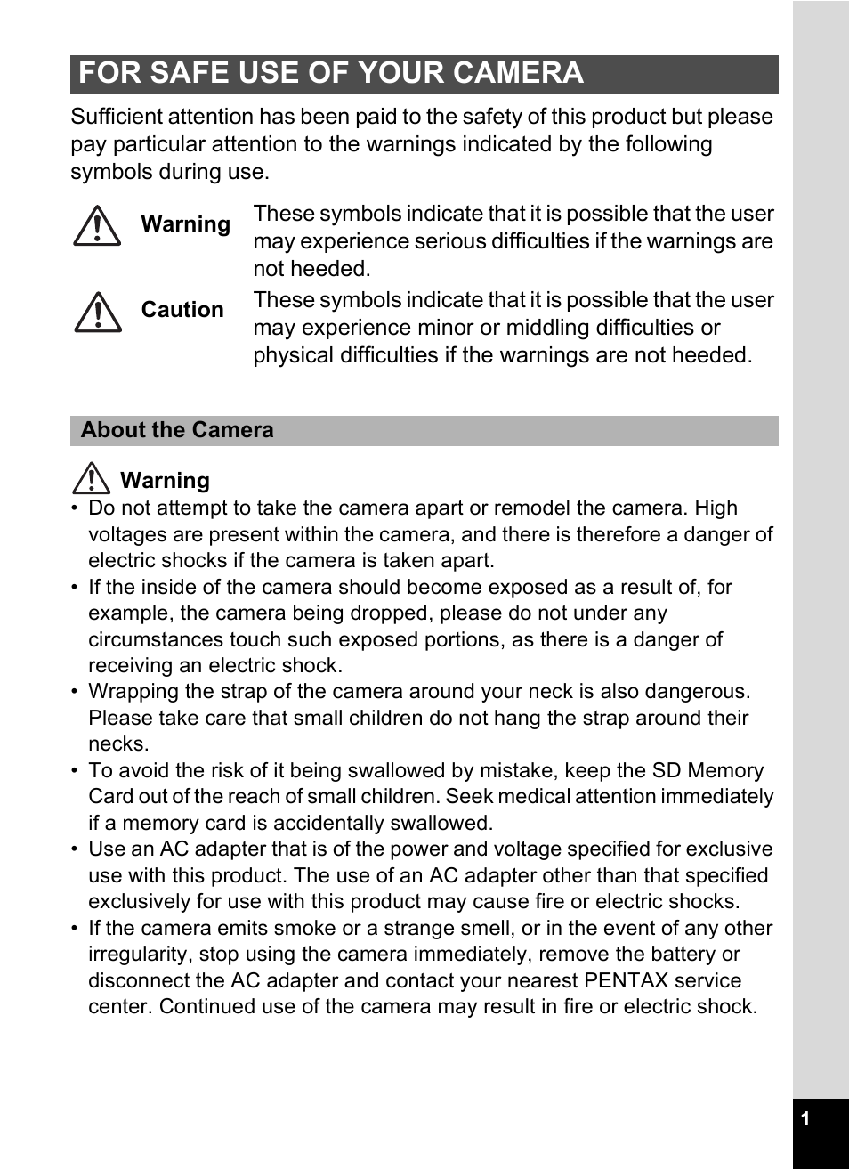 For safe use of your camera | Pentax Optio A10 User Manual | Page 3 / 191