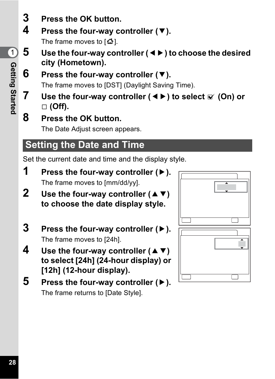 Setting the date and time, Tting the, Date and time | P.28 | Pentax Optio A10 User Manual | Page 30 / 191