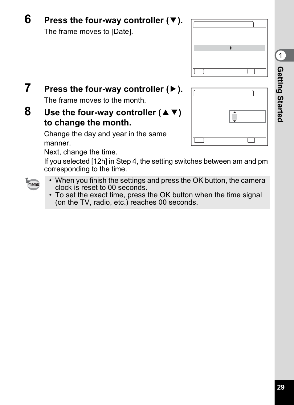 Press the four-way controller ( 3 ), Press the four-way controller ( 5 ), Gettin g sta rte d 1 | Pentax Optio A10 User Manual | Page 31 / 191