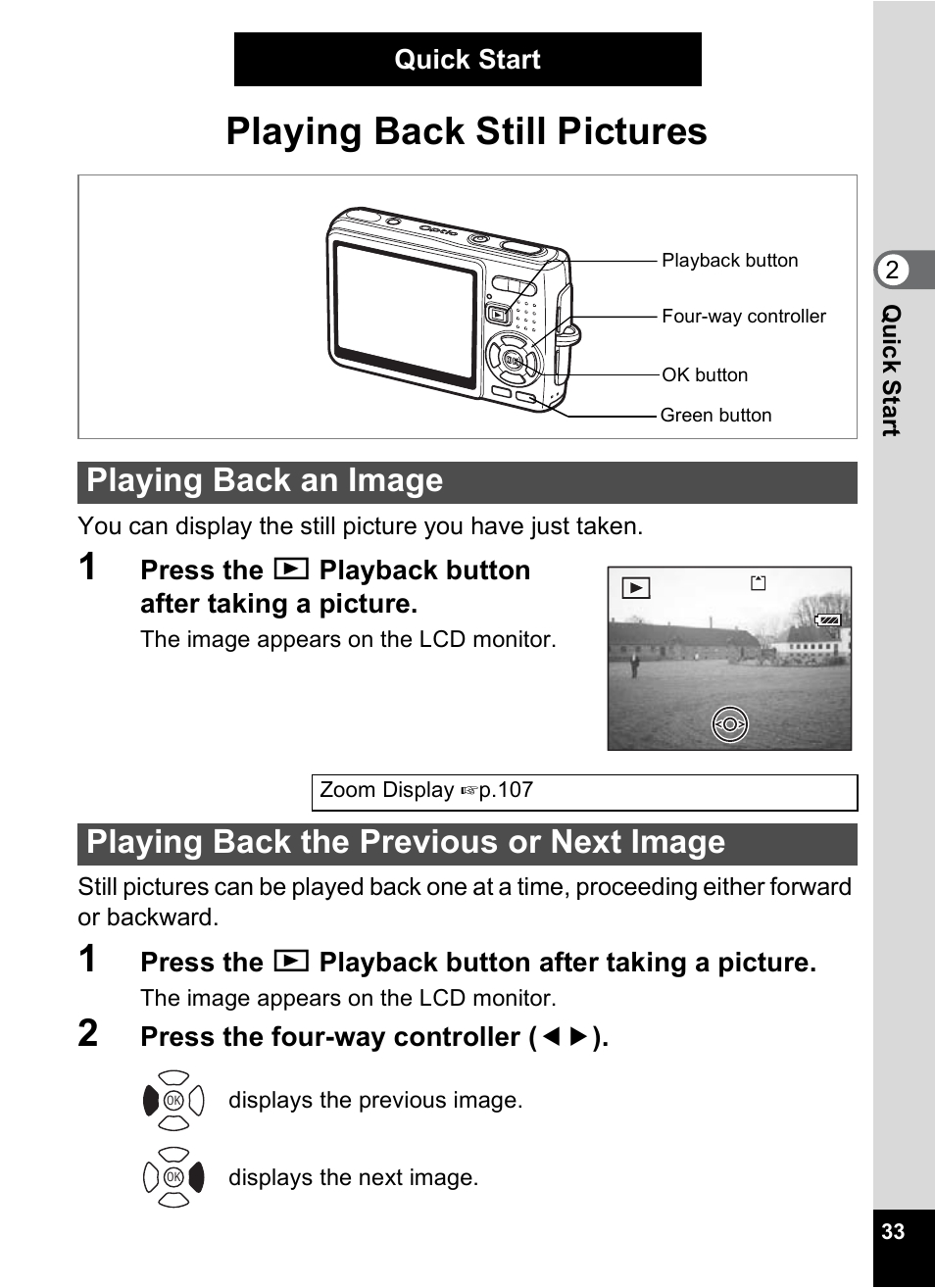 Playing back an image, Playing back the previous or next image, Playing back still pictures | Quick start, Press the q playback button after taking a picture, Press the four-way controller ( 45 ) | Pentax Optio A10 User Manual | Page 35 / 191