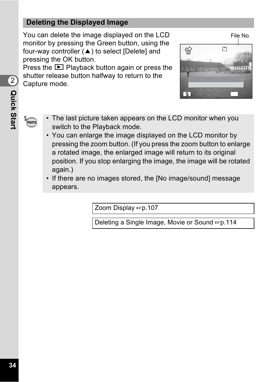 Qu ick star t 2, Deleting the displayed image | Pentax Optio A10 User Manual | Page 36 / 191