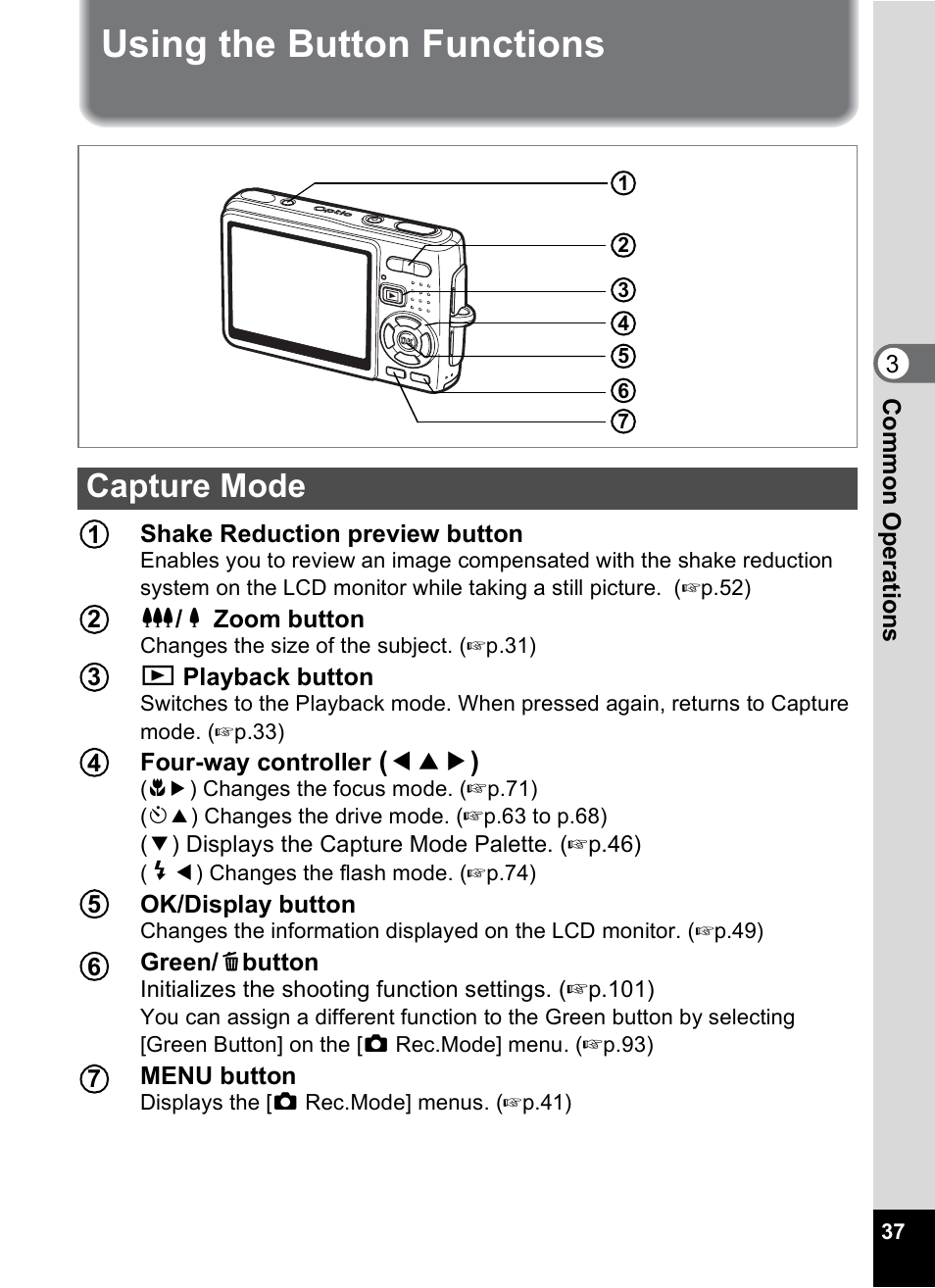 Using the button functions, Capture mode | Pentax Optio A10 User Manual | Page 39 / 191