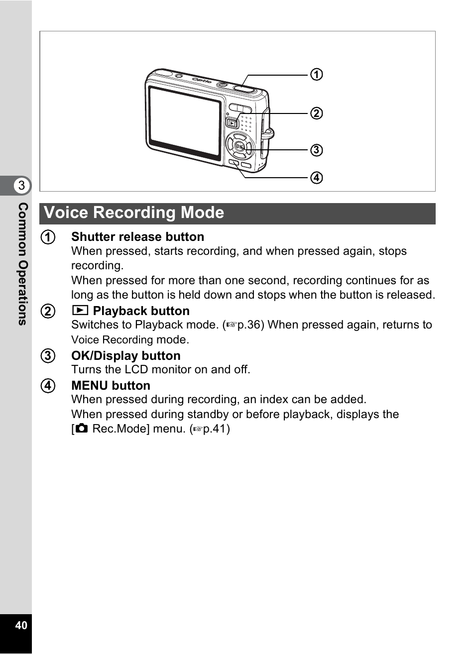 Voice recording mode | Pentax Optio A10 User Manual | Page 42 / 191