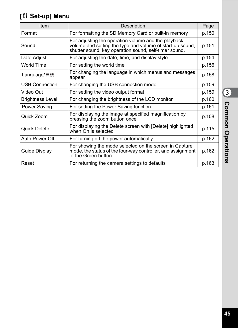 Com m on o p erati ons 3 [ b set-up] menu | Pentax Optio A10 User Manual | Page 47 / 191