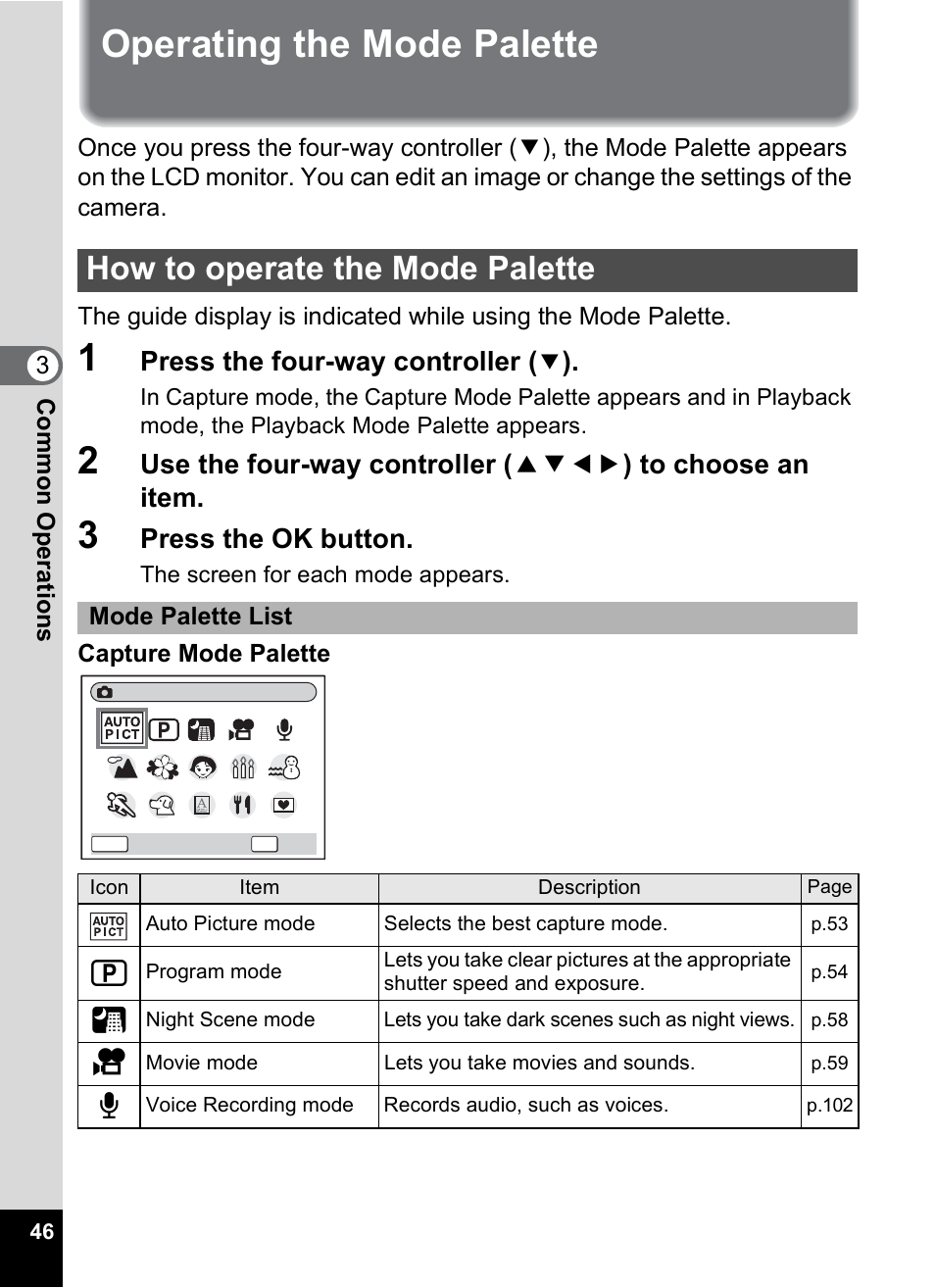 Operating the mode palette, How to operate the mode palette, P.46) | Pentax Optio A10 User Manual | Page 48 / 191