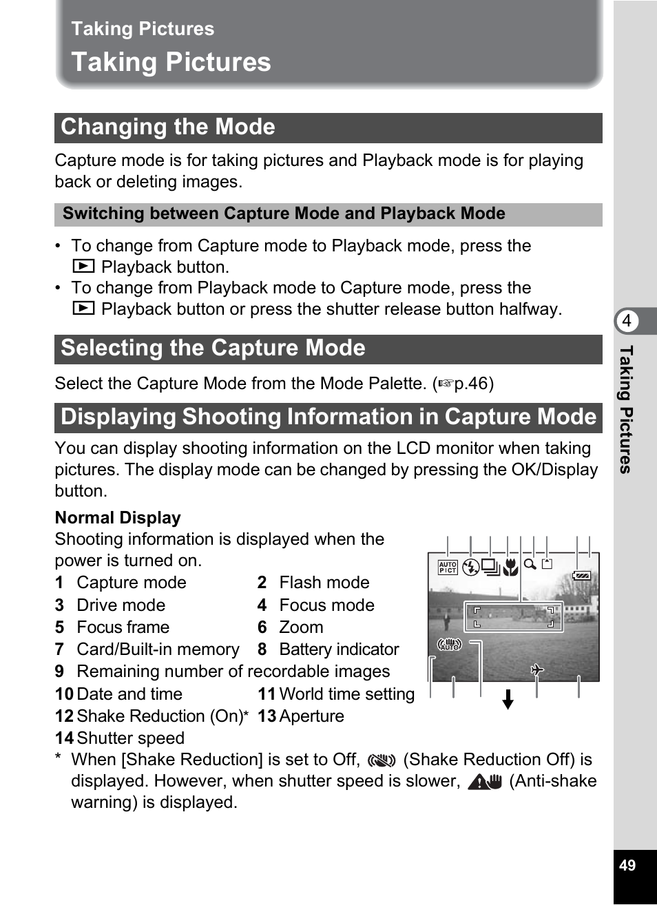 Taking pictures, Changing the mode, Selecting the capture mode | Displaying shooting information in capture mode, P.49) | Pentax Optio A10 User Manual | Page 51 / 191