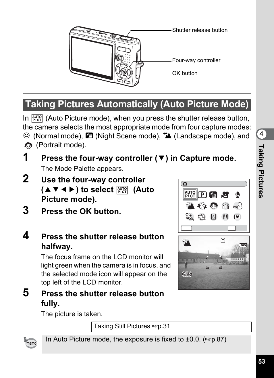 Taking pictures automatically (auto picture mode), P.53, Press the ok button | Press the shutter release button halfway, Press the shutter release button fully | Pentax Optio A10 User Manual | Page 55 / 191