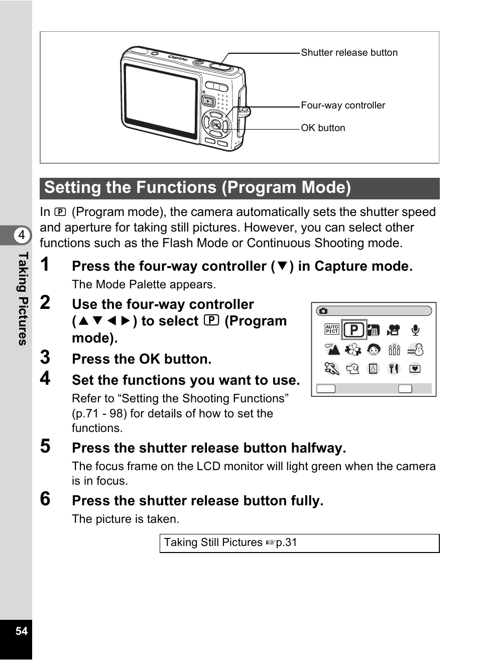 Setting the functions (program mode), P.54 | Pentax Optio A10 User Manual | Page 56 / 191