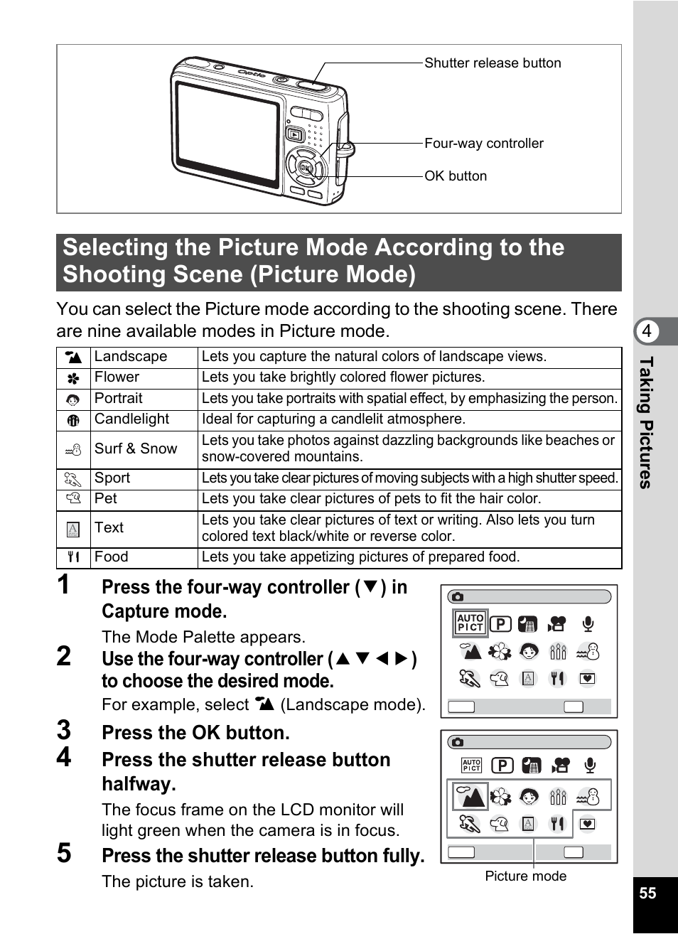 Picture mode), Press the ok button, Press the shutter release button halfway | Press the shutter release button fully | Pentax Optio A10 User Manual | Page 57 / 191