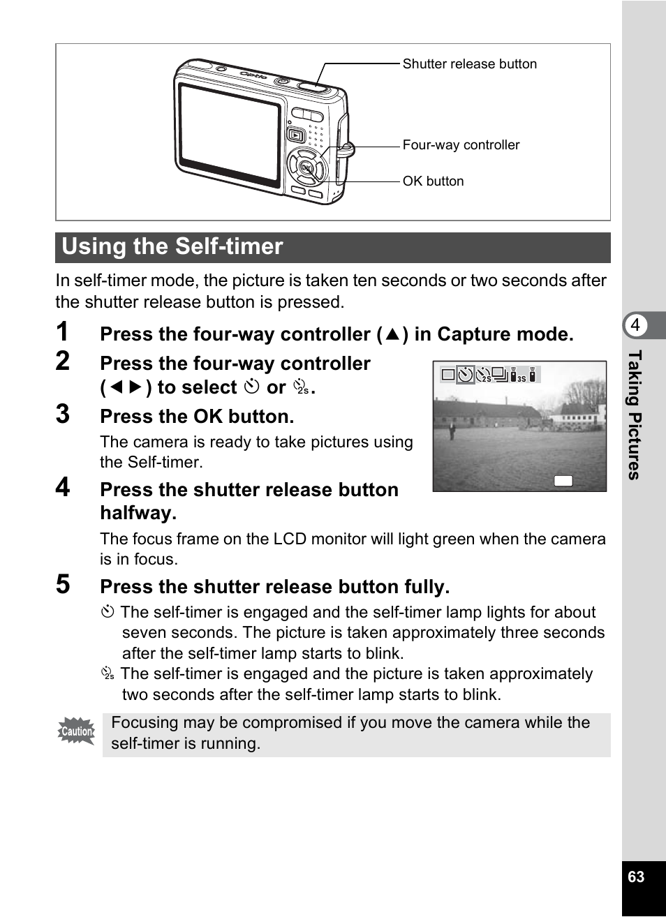 Using the self-timer, P.63 t | Pentax Optio A10 User Manual | Page 65 / 191