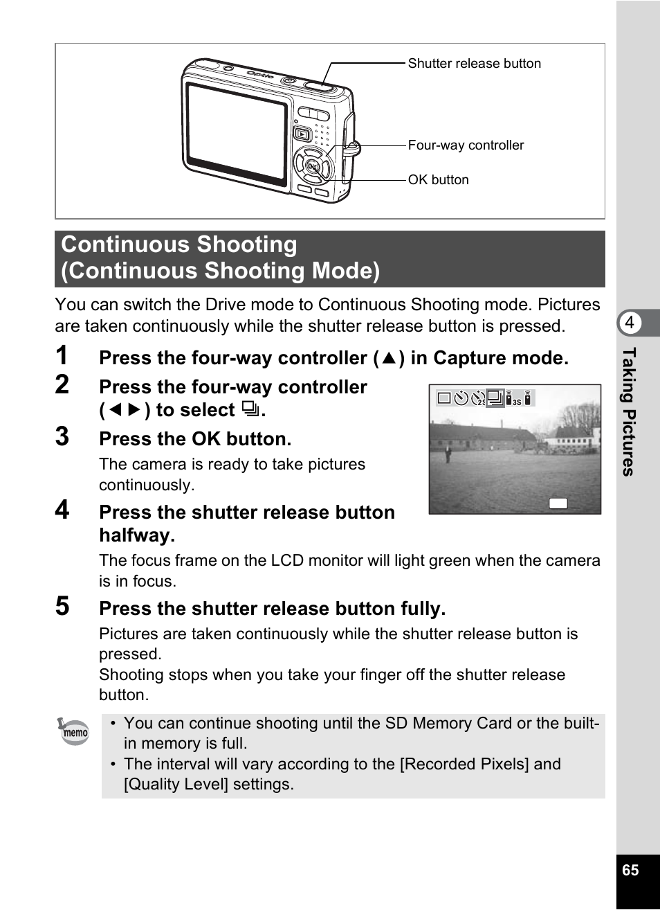 Continuous shooting (continuous shooting mode), Continuous shooting, Continuous shooting mode) | Pentax Optio A10 User Manual | Page 67 / 191