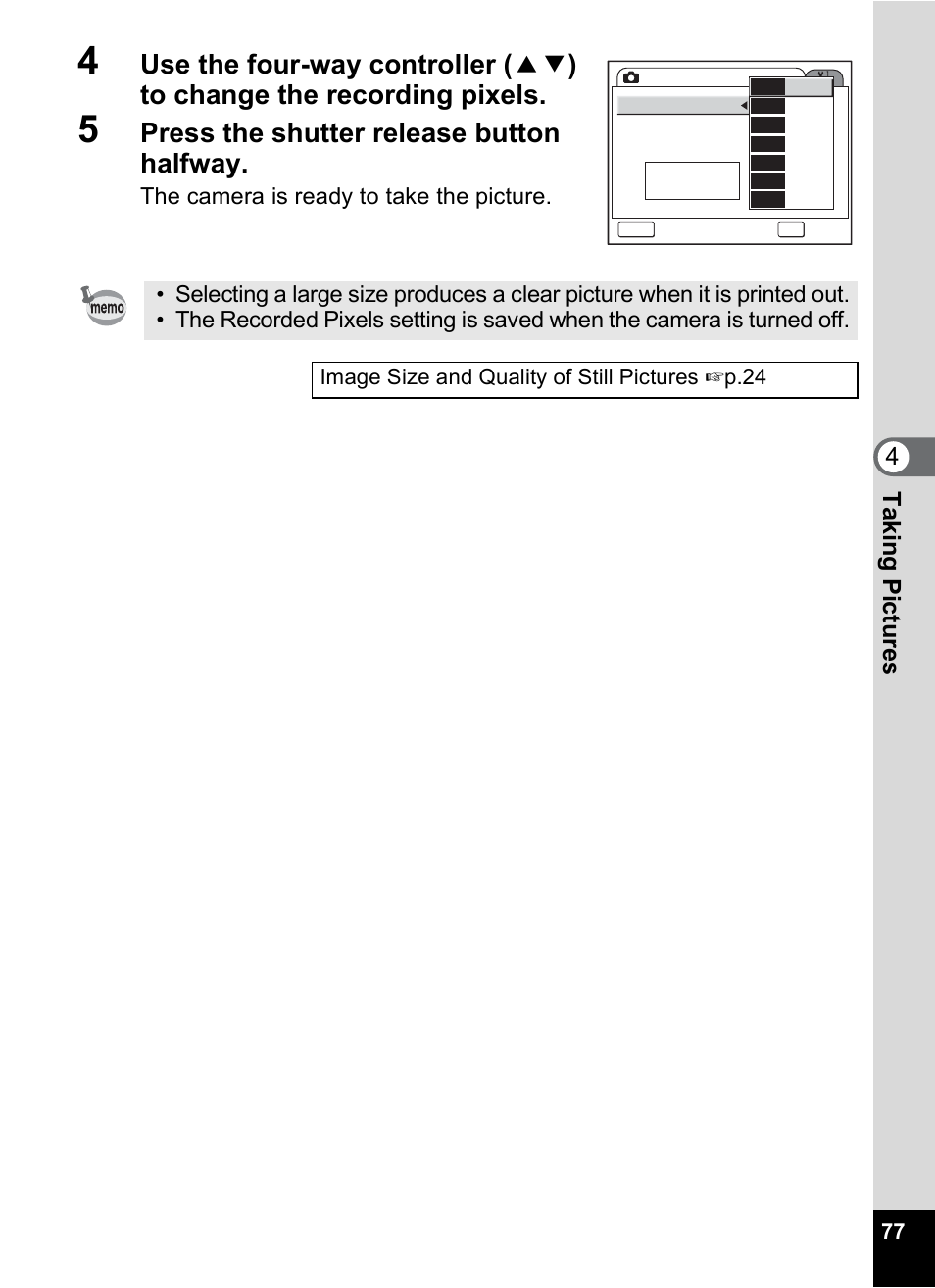 Press the shutter release button halfway, Tak ing pi cture s 4 | Pentax Optio A10 User Manual | Page 79 / 191