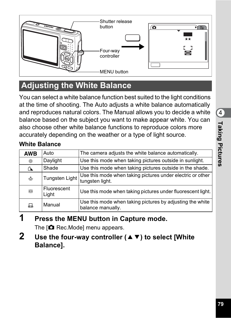 Adjusting the white balance, P.79, Press the menu button in capture mode | Pentax Optio A10 User Manual | Page 81 / 191