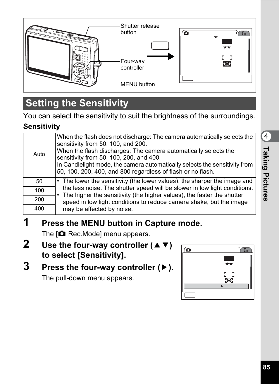 Setting the sensitivity, P.85, Press the menu button in capture mode | Press the four-way controller ( 5 ) | Pentax Optio A10 User Manual | Page 87 / 191