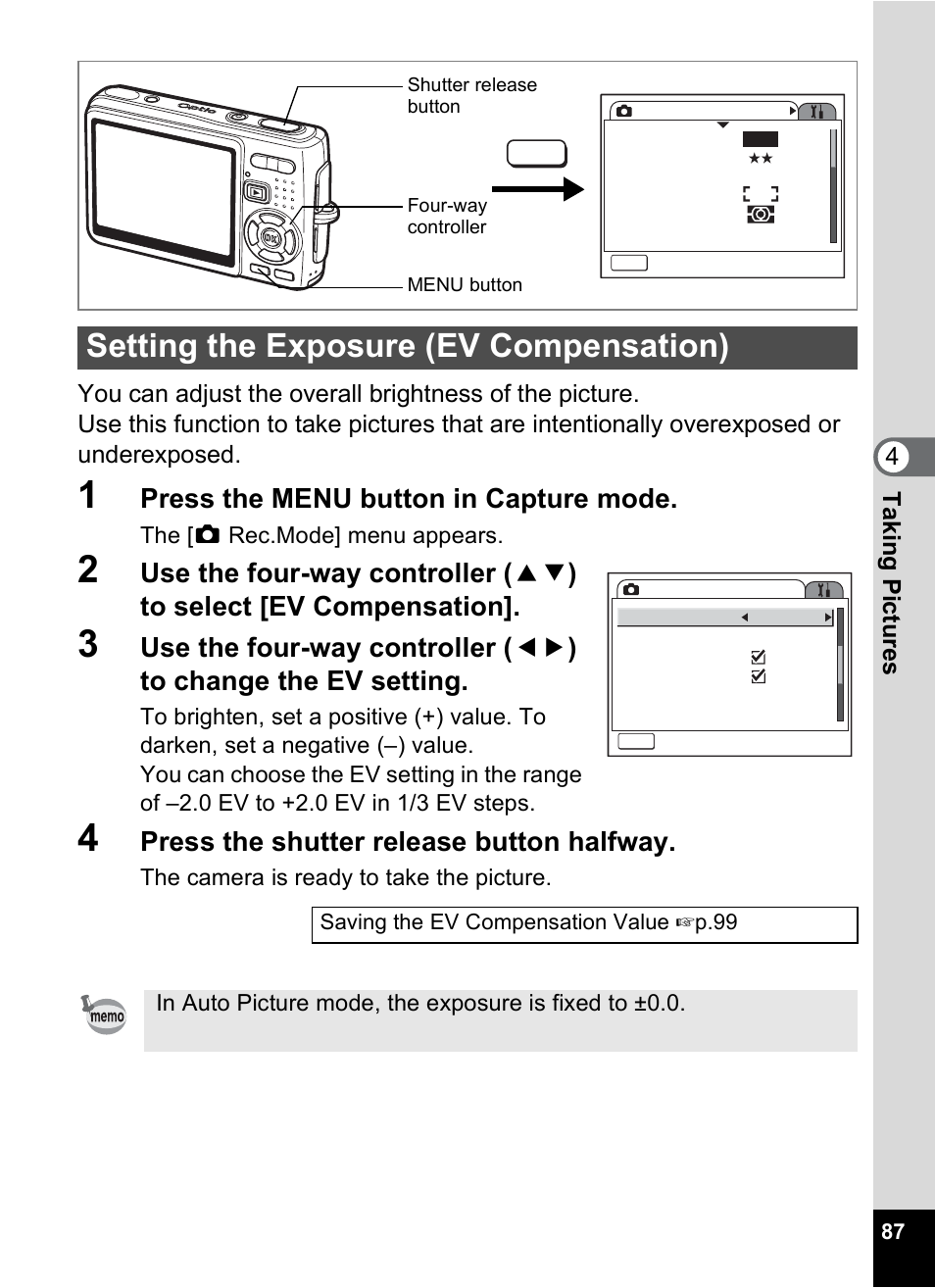 Setting the exposure (ev compensation), P.87, Press the menu button in capture mode | Press the shutter release button halfway | Pentax Optio A10 User Manual | Page 89 / 191