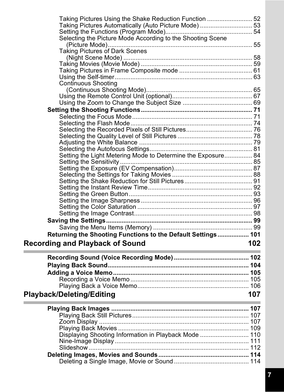 Recording and playback of sound 102, Playback/deleting/editing 107 | Pentax Optio A10 User Manual | Page 9 / 191