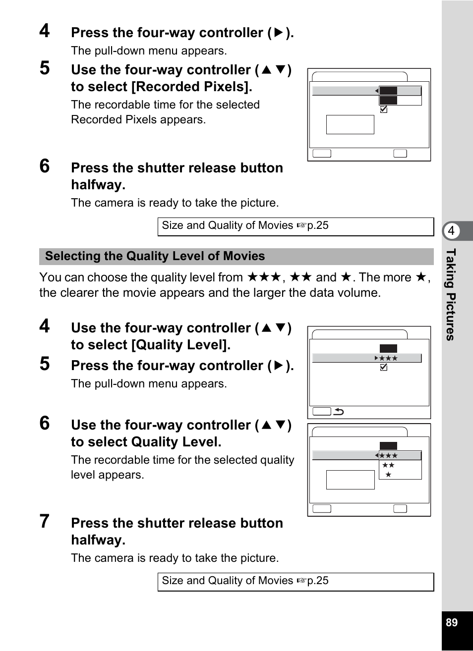 P.89, Press the four-way controller ( 5 ), Press the shutter release button halfway | Pentax Optio A10 User Manual | Page 91 / 191