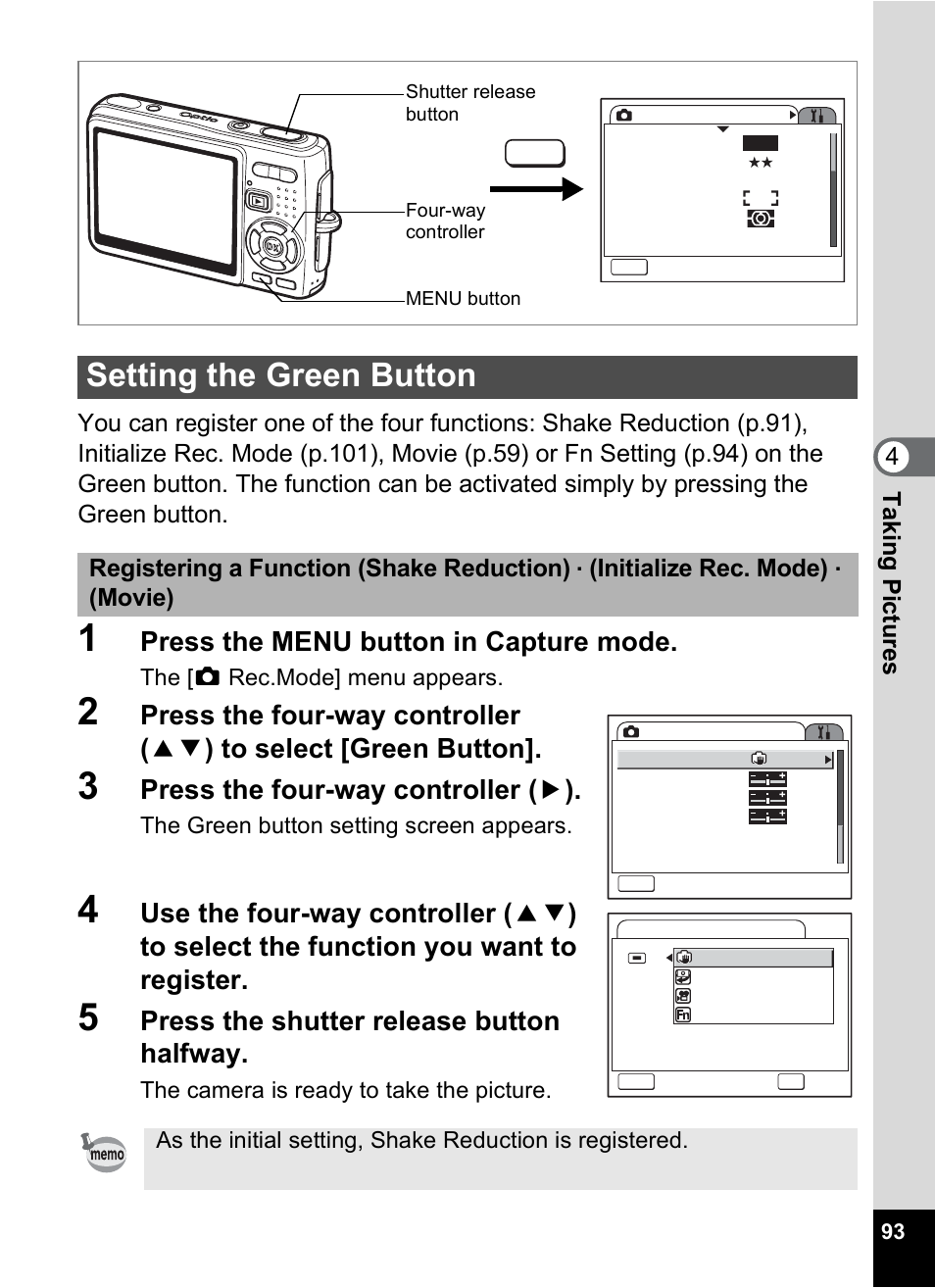 Setting the green button, 1p.93), P.93 | Press the menu button in capture mode, Press the four-way controller ( 5 ), Press the shutter release button halfway | Pentax Optio A10 User Manual | Page 95 / 191