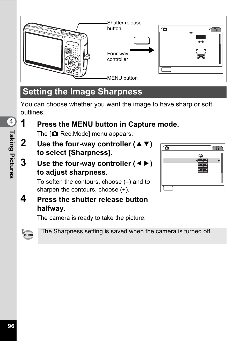 Setting the image sharpness, P.96, Press the menu button in capture mode | Press the shutter release button halfway | Pentax Optio A10 User Manual | Page 98 / 191