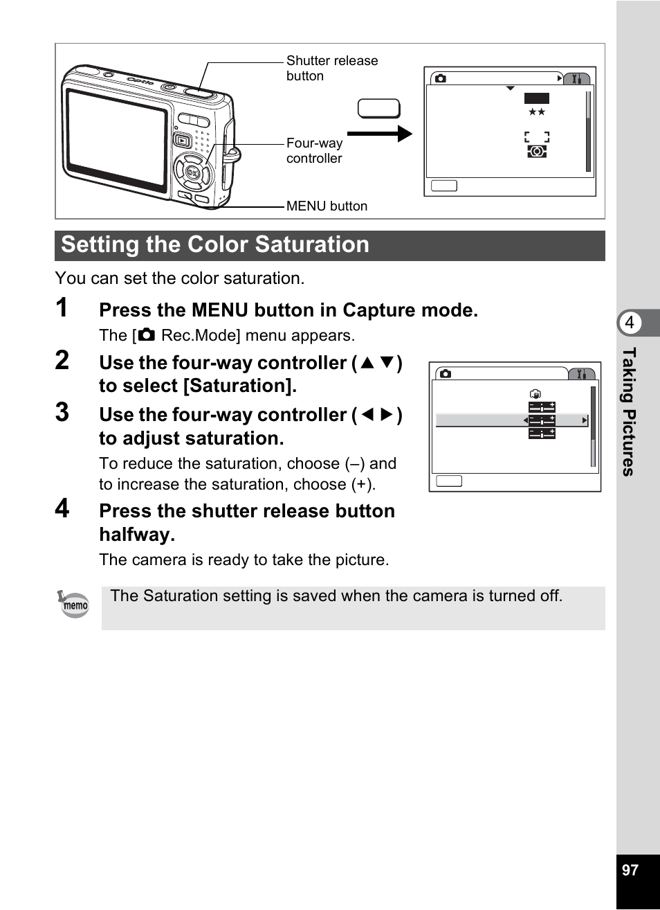 Setting the color saturation, P.97, Press the menu button in capture mode | Press the shutter release button halfway | Pentax Optio A10 User Manual | Page 99 / 191