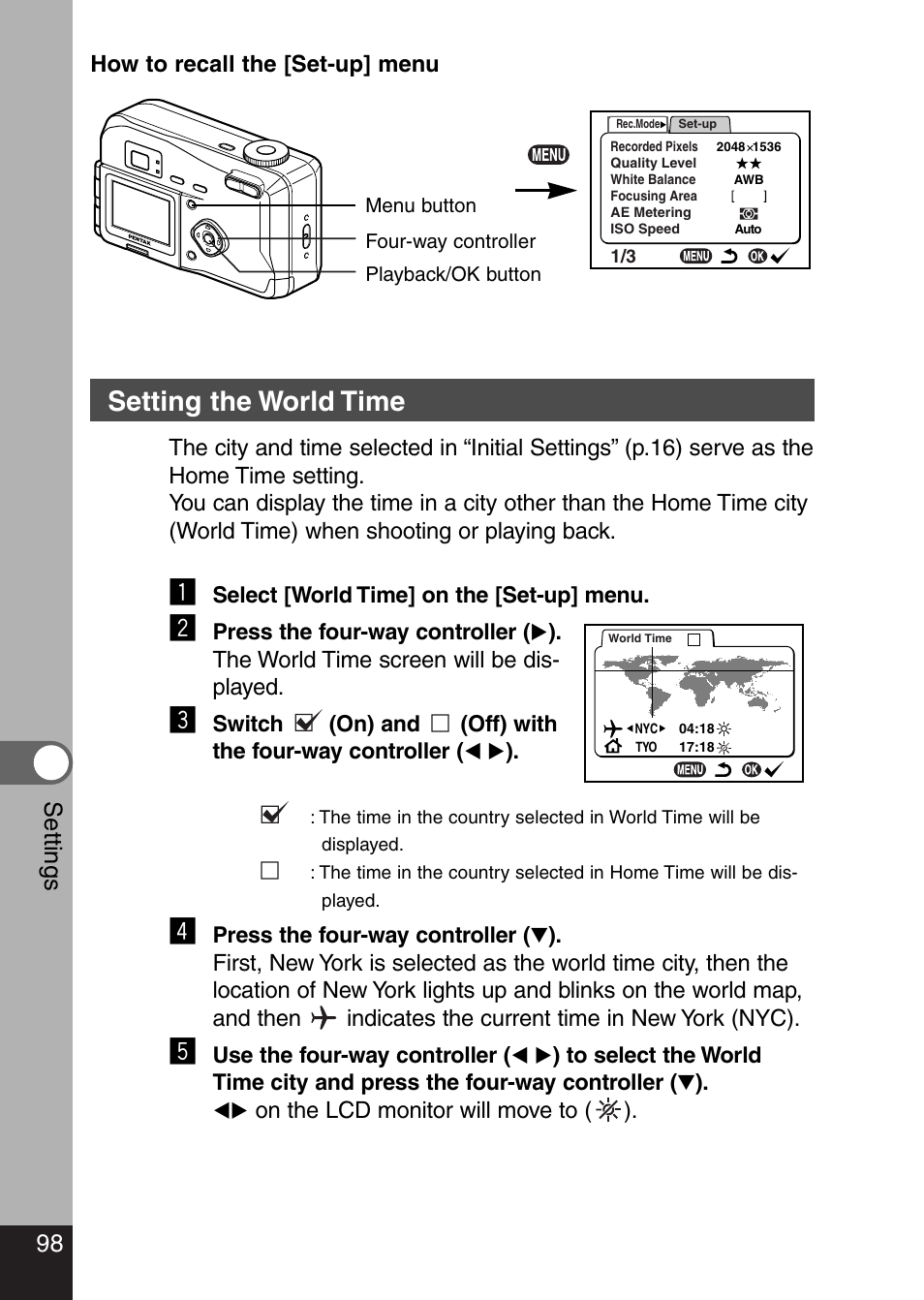 Setting the world time, 98 settings | Pentax Optio 330 GS User Manual | Page 100 / 116
