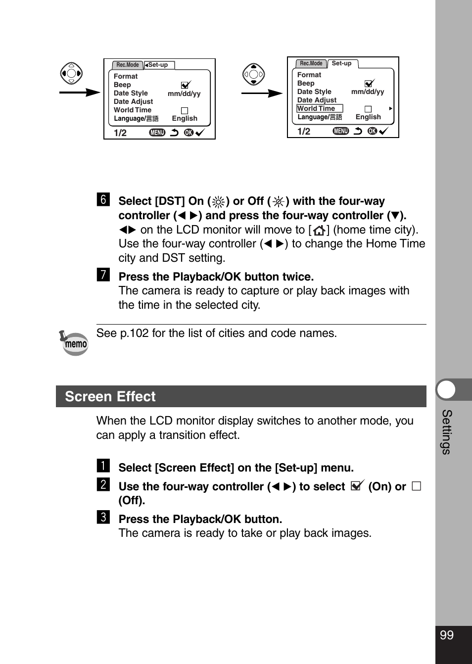 Screen effect, 99 settings | Pentax Optio 330 GS User Manual | Page 101 / 116