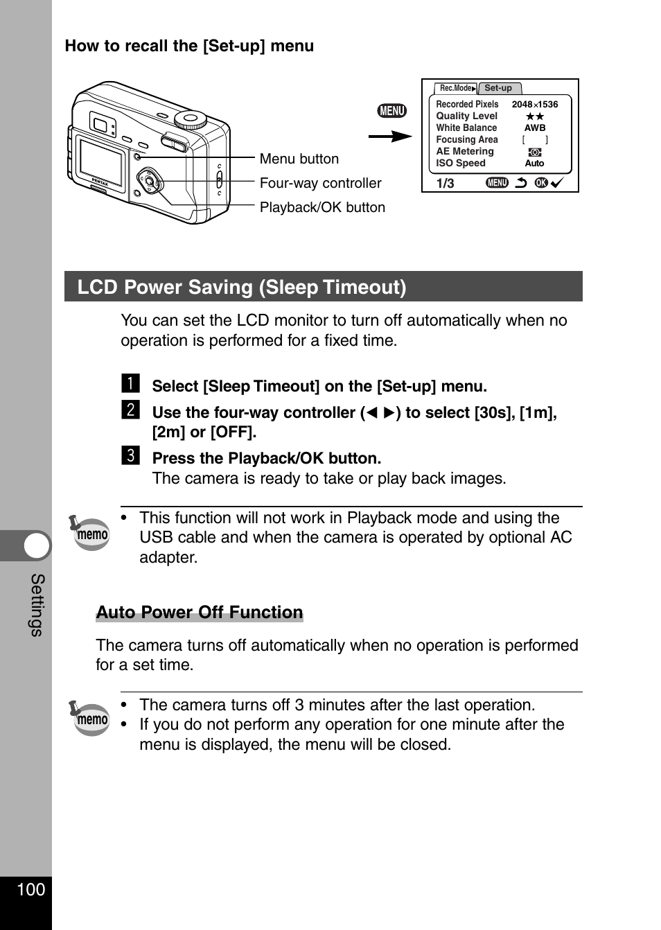 Lcd power saving (sleep timeout), Auto power off function, 100 settings | Pentax Optio 330 GS User Manual | Page 102 / 116