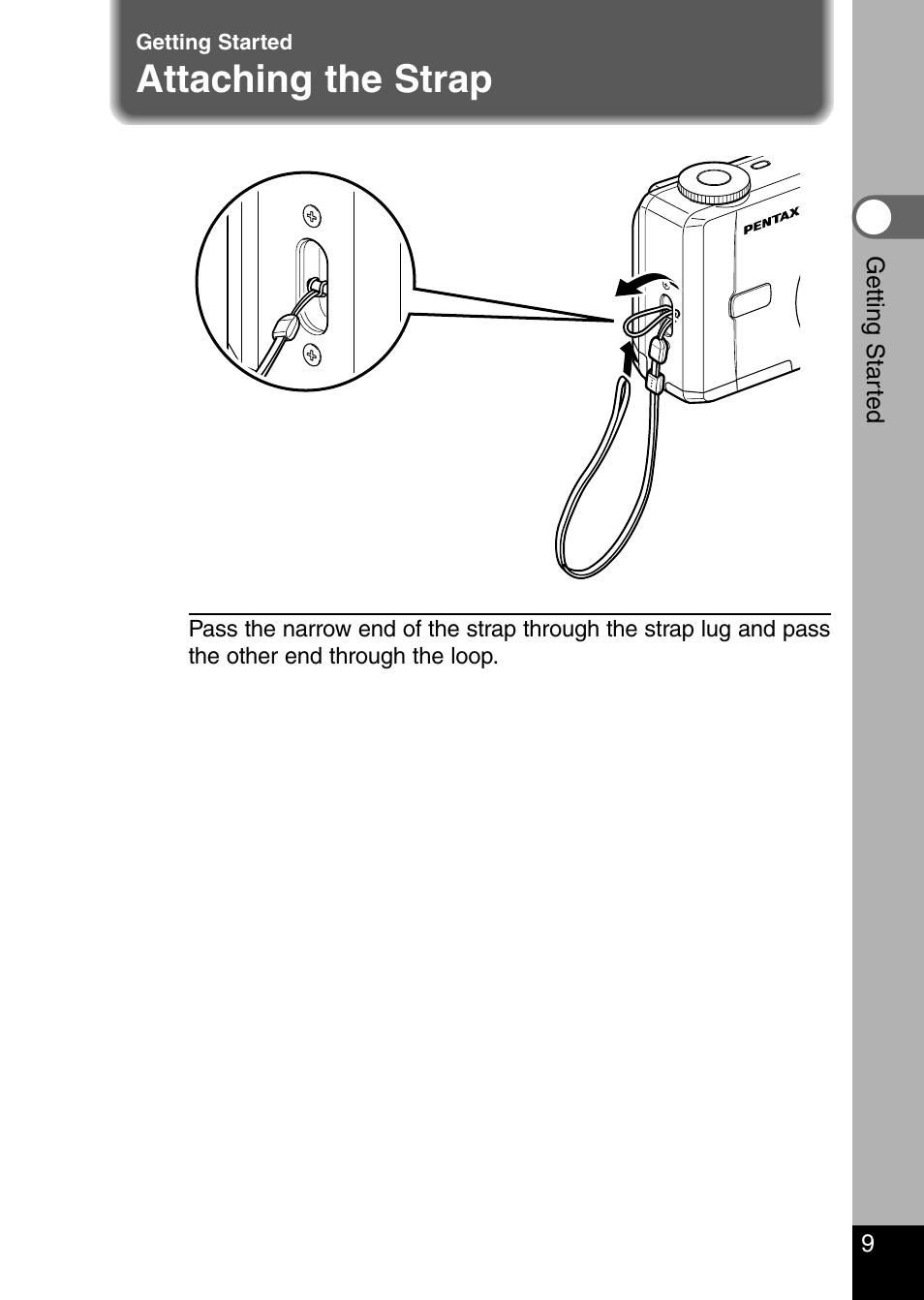 Attaching the strap | Pentax Optio 330 GS User Manual | Page 11 / 116