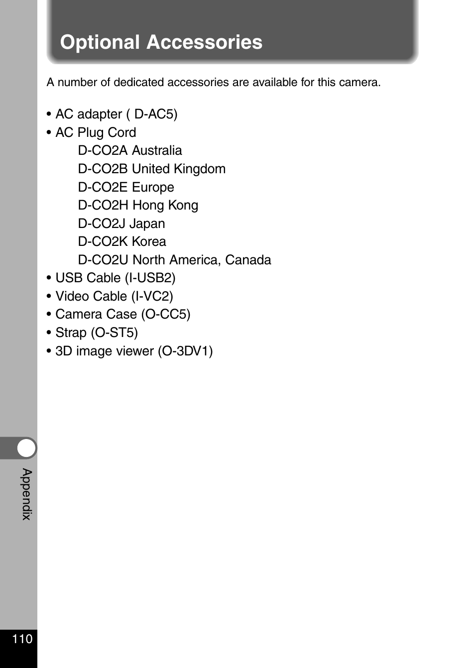 Optional accessories | Pentax Optio 330 GS User Manual | Page 112 / 116