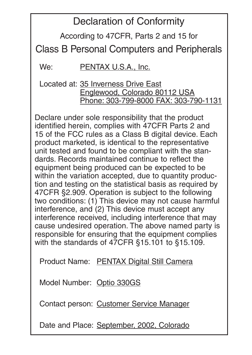 Declaration of conformity, Class b personal computers and peripherals | Pentax Optio 330 GS User Manual | Page 115 / 116