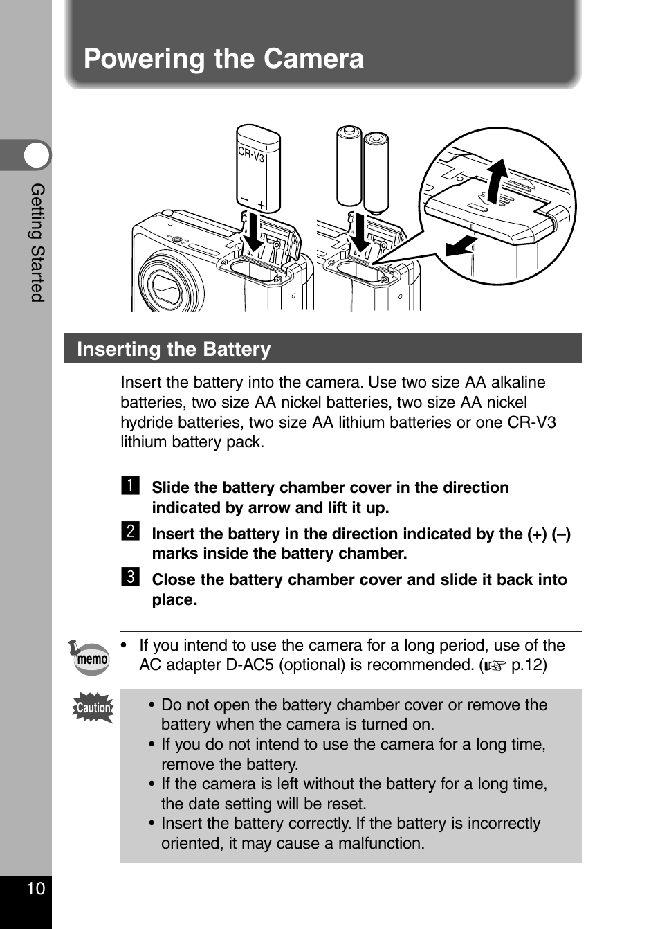 Powering the camera | Pentax Optio 330 GS User Manual | Page 12 / 116