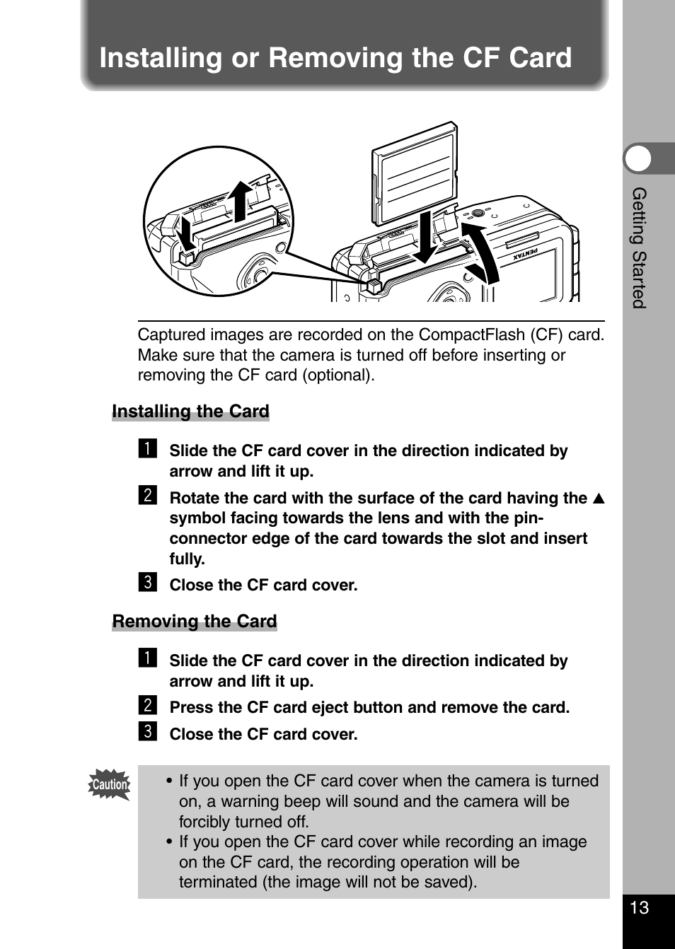 Installing or removing the cf card | Pentax Optio 330 GS User Manual | Page 15 / 116