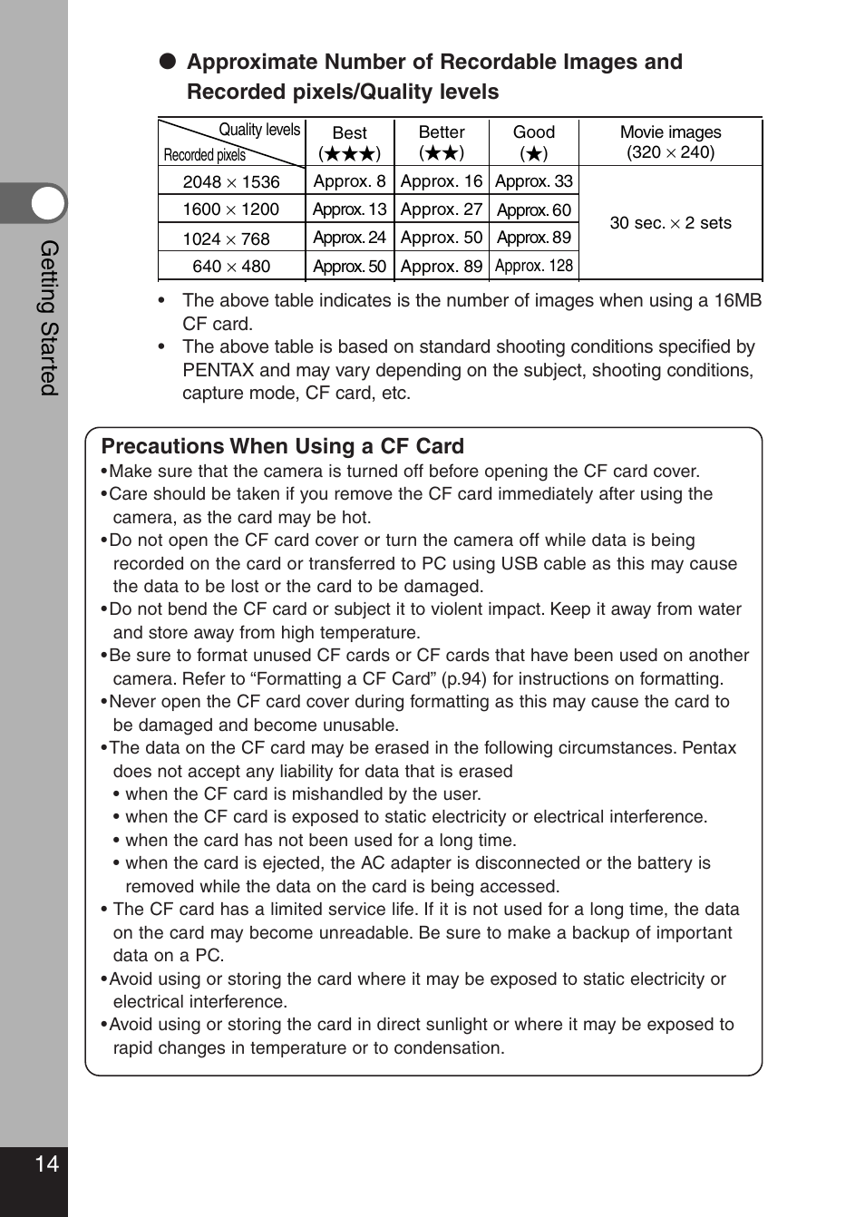 14 getting star ted | Pentax Optio 330 GS User Manual | Page 16 / 116