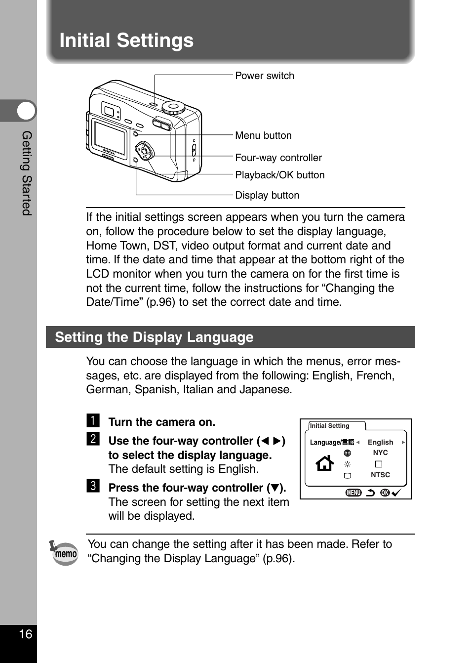 Initial settings, Setting the display language | Pentax Optio 330 GS User Manual | Page 18 / 116