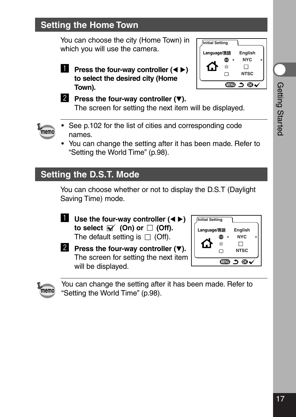 Setting the home town, Setting the d.s.t. mode, 17 getting star ted | Pentax Optio 330 GS User Manual | Page 19 / 116