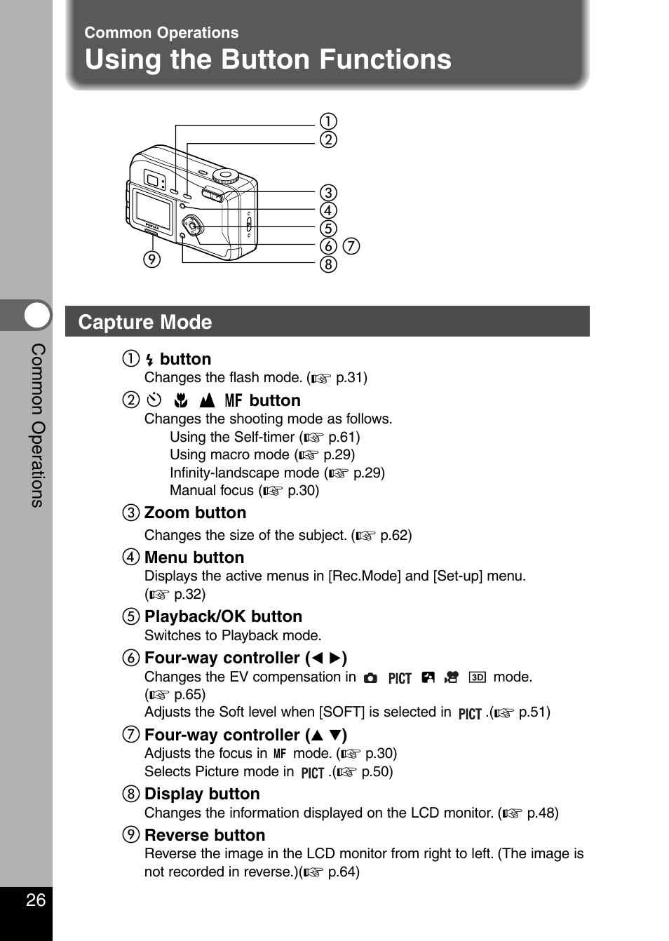 Using the button functions, Capture mode | Pentax Optio 330 GS User Manual | Page 28 / 116