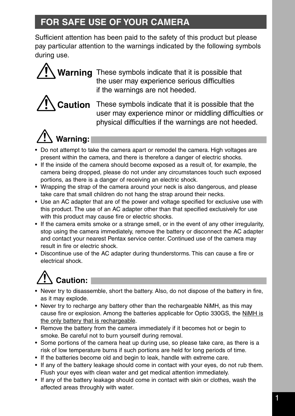 For safe use of your camera, Warning, Caution | Pentax Optio 330 GS User Manual | Page 3 / 116