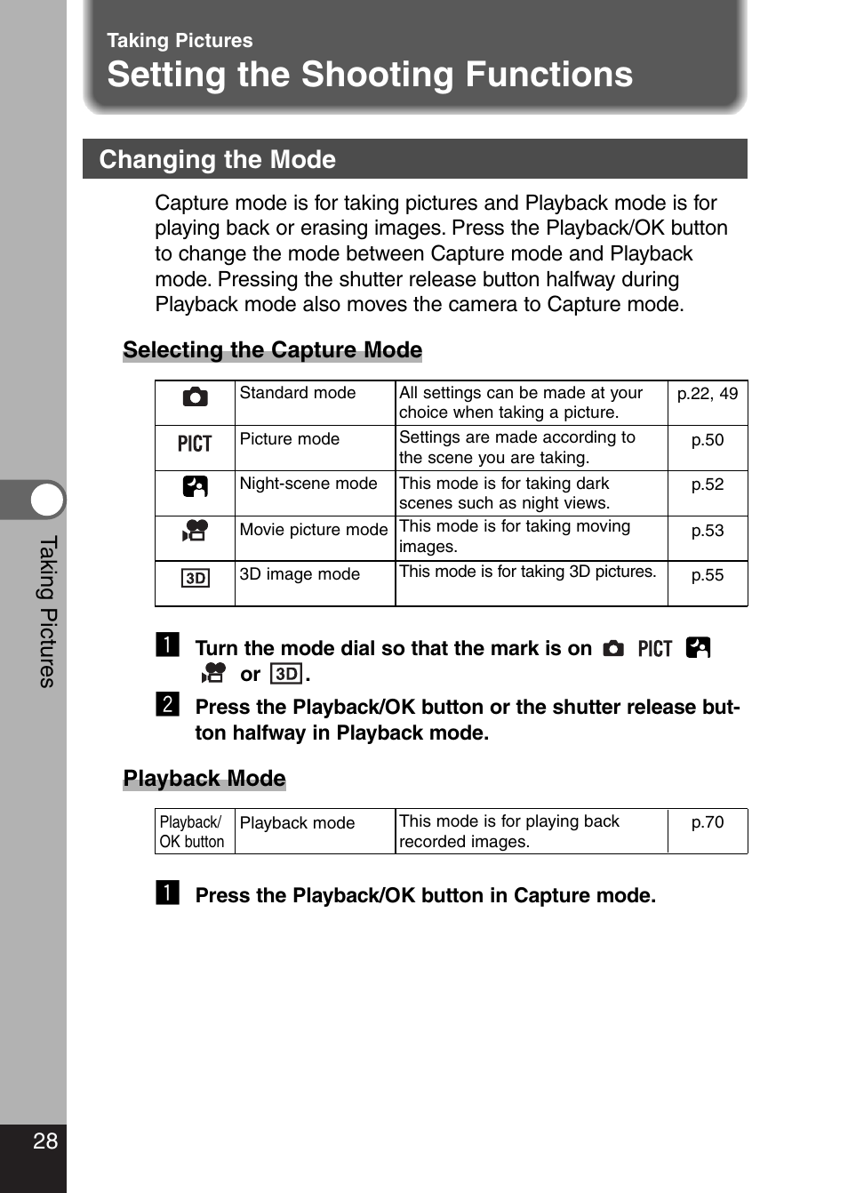 Setting the shooting functions, Changing the mode | Pentax Optio 330 GS User Manual | Page 30 / 116