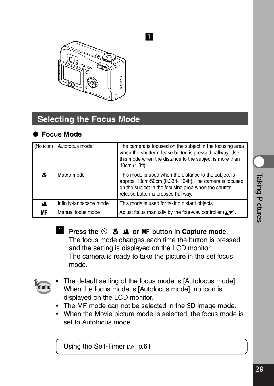 Selecting the focus mode | Pentax Optio 330 GS User Manual | Page 31 / 116