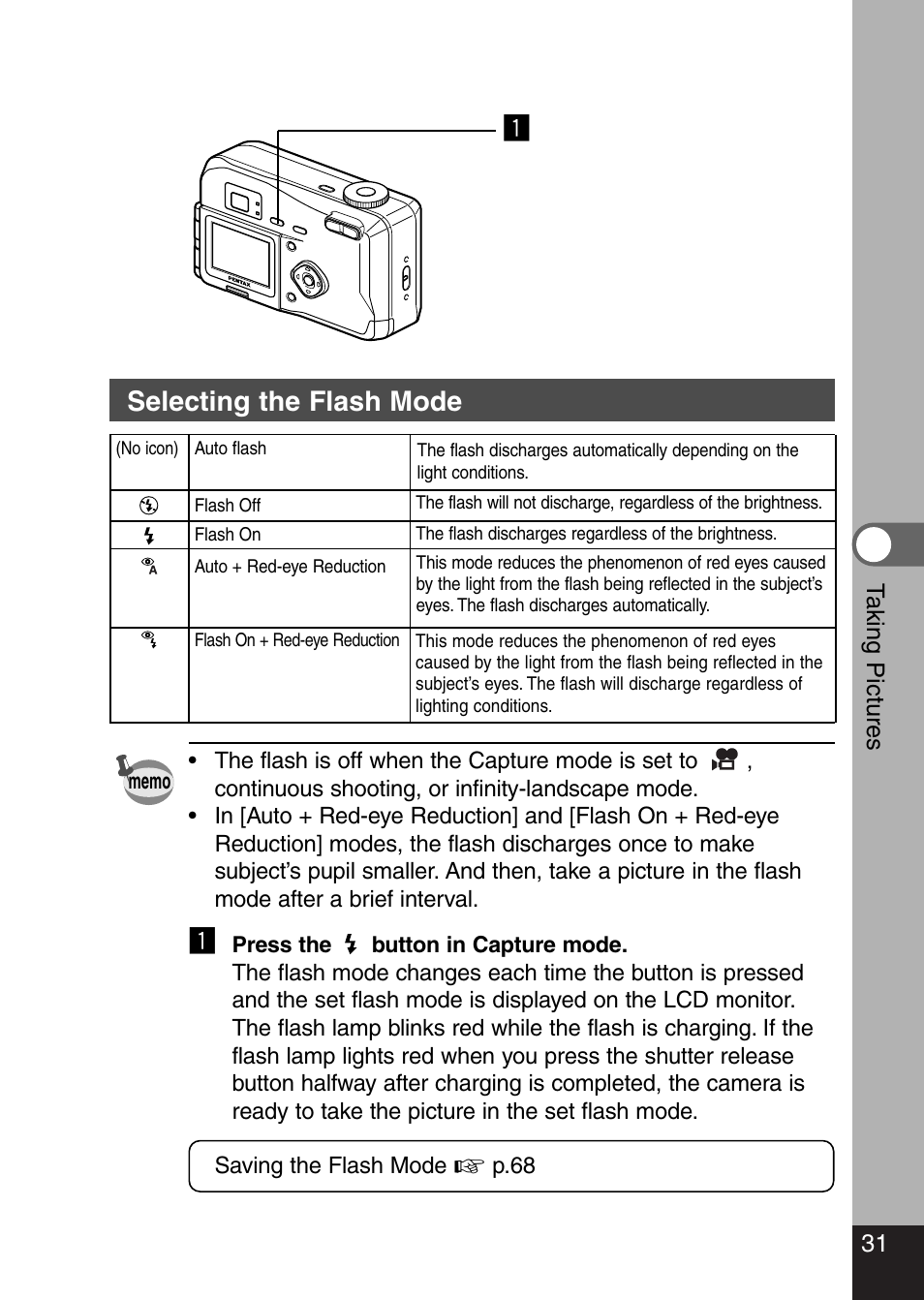 Selecting the flash mode | Pentax Optio 330 GS User Manual | Page 33 / 116