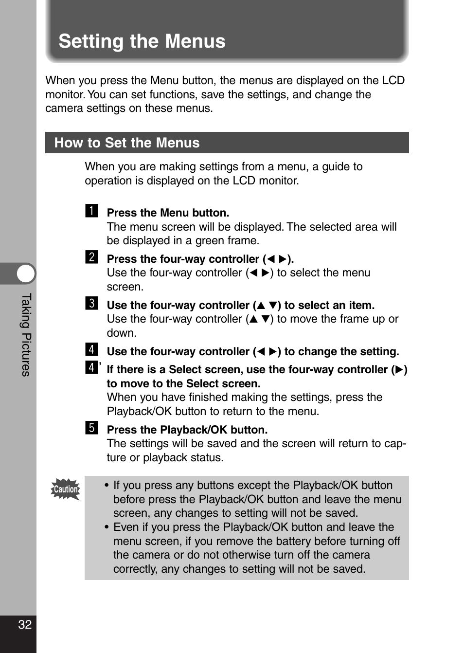 Setting the menus, How to set the menus | Pentax Optio 330 GS User Manual | Page 34 / 116