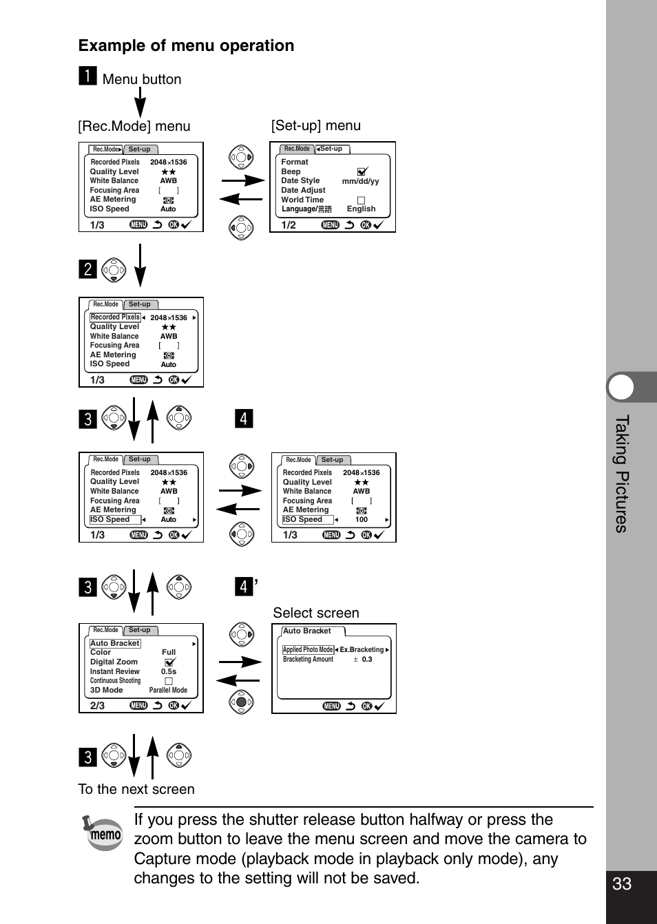 33 t aking pictures, Menu button | Pentax Optio 330 GS User Manual | Page 35 / 116