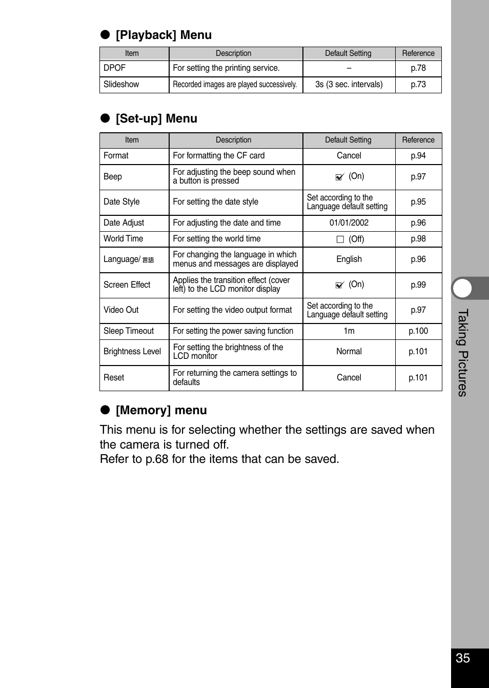 35 t aking pictures, Playback] menu, Set-up] menu | Pentax Optio 330 GS User Manual | Page 37 / 116