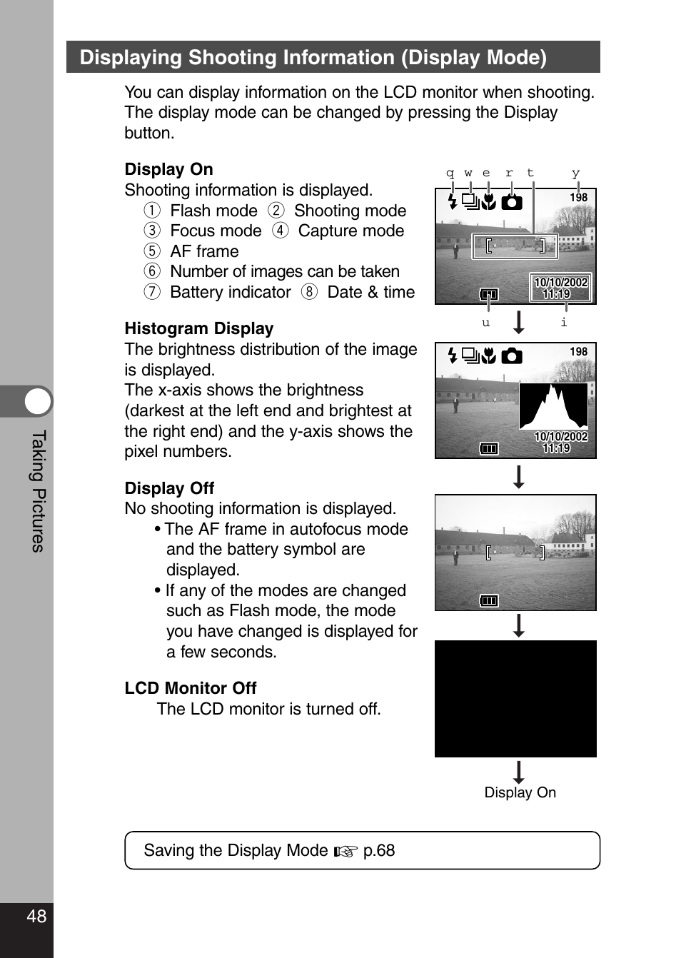 Displaying shooting information (display mode), 48 t aking pictures | Pentax Optio 330 GS User Manual | Page 50 / 116