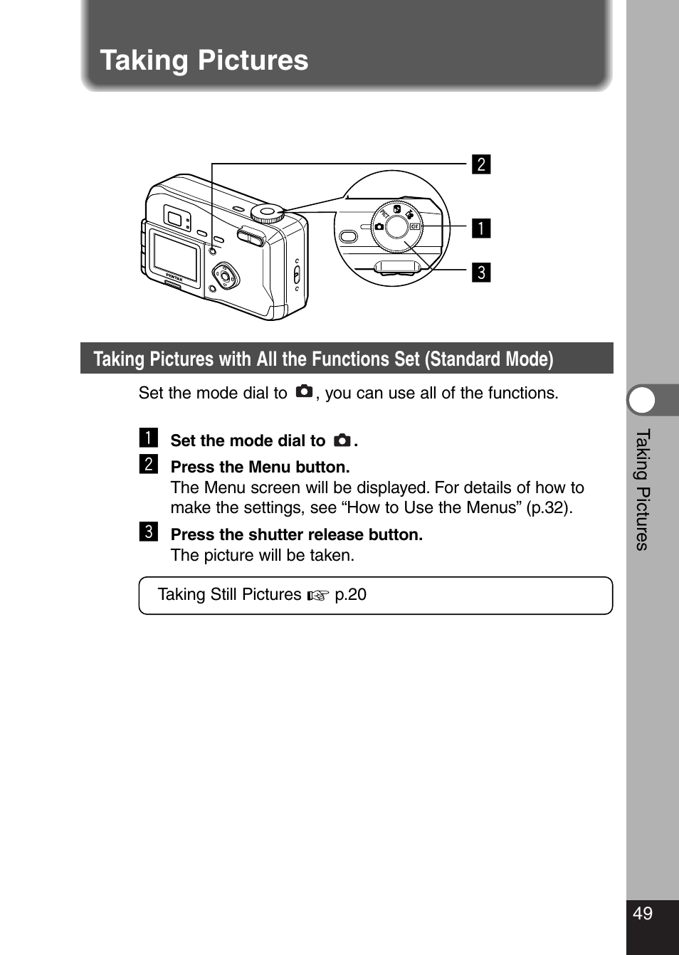 Taking pictures | Pentax Optio 330 GS User Manual | Page 51 / 116