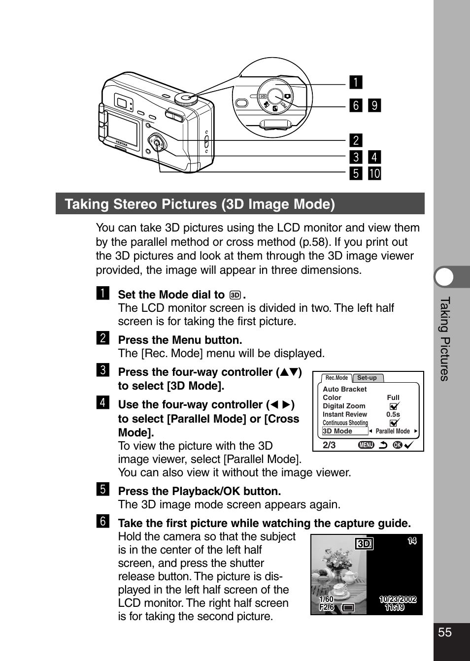 Taking stereo pictures (3d image mode), 55 t aking pictures | Pentax Optio 330 GS User Manual | Page 57 / 116