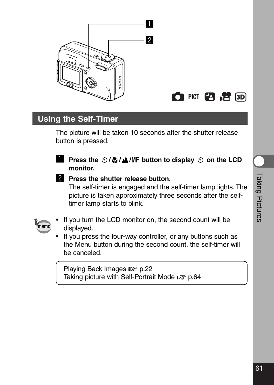 Using the self-timer | Pentax Optio 330 GS User Manual | Page 63 / 116