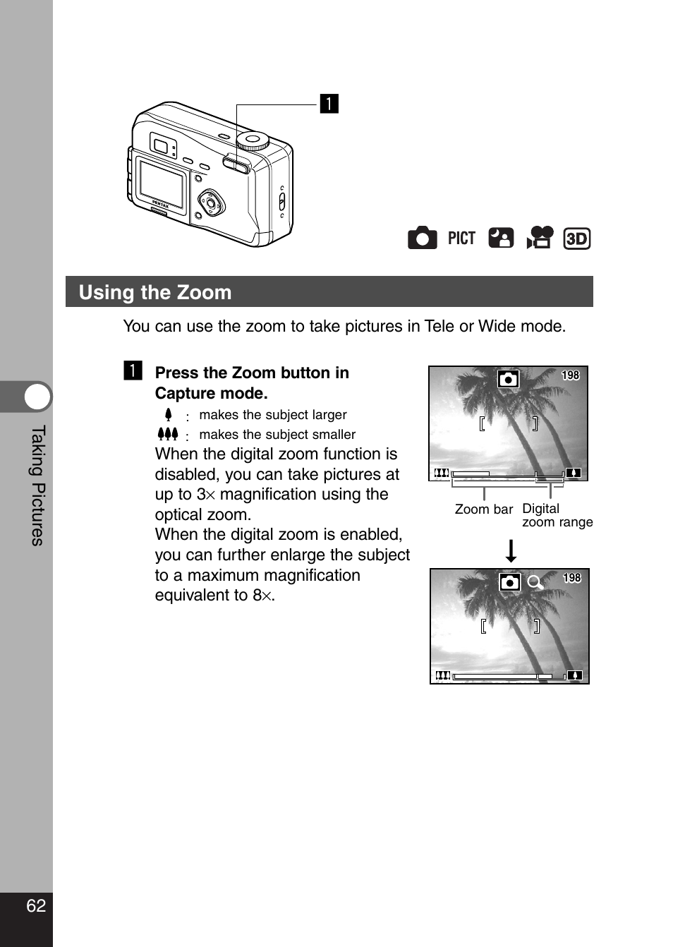 Using the zoom | Pentax Optio 330 GS User Manual | Page 64 / 116